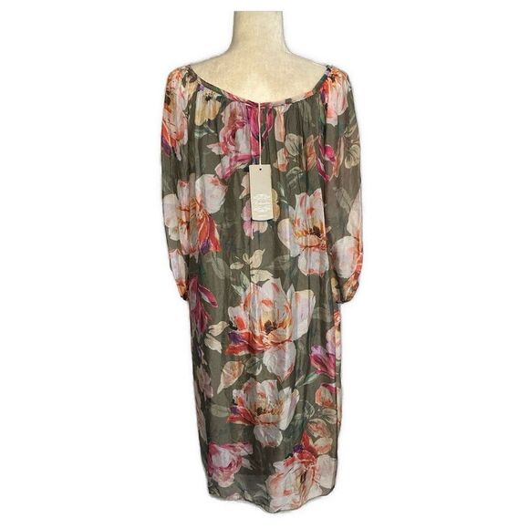 New bellambra silk blend floral dress Green White Pink Knee Length Xl Italy - Picture 2 of 5